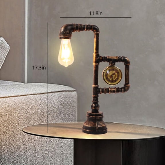 Industrial Steampunk Iron Pipe Clock Desk Lamp Bedside Table Reading Light
