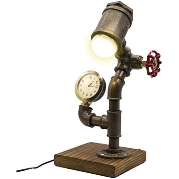 Industrial Steampunk LED Desk Lamp, Wood Base with Iron Piping Loft Style Vintage Antique Light, Retro Desk Lamp, Timer  Lamp Holder LL-0018$$Tools & Hardware Other