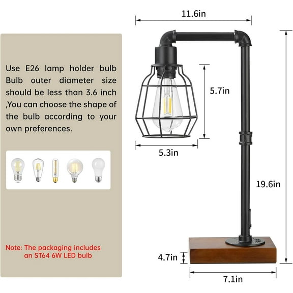 Industrial Steampunk Table Lamp, Metal Desk Light with Edison Bulb, 800 Lumen, E26 Base, Black