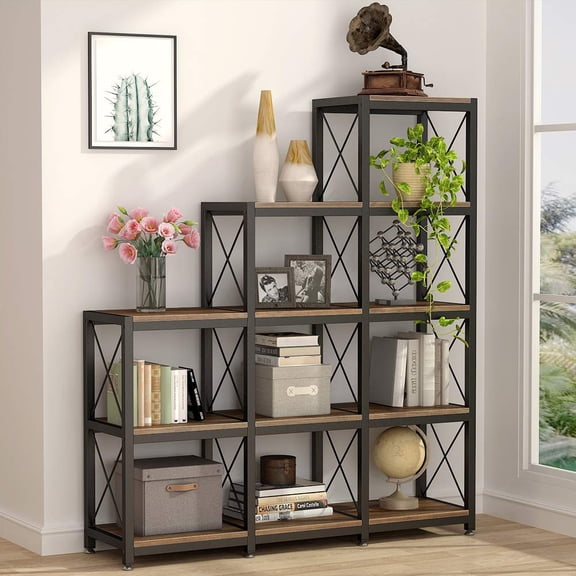 Industrial Stepped Ladder Bookshelf With 9 Cubes, Rustic Brown