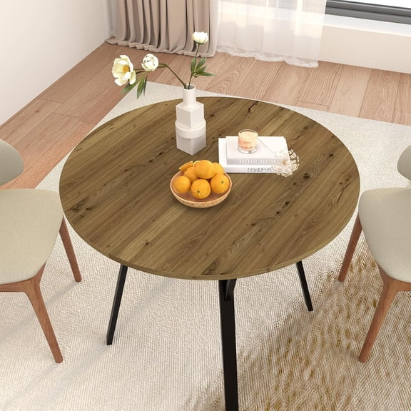 Industrial Style 35.43-inch Round Dining Table, Round Leisure Table, Can Accommodate 2-4 People, Black Metal Table Legs, Brown