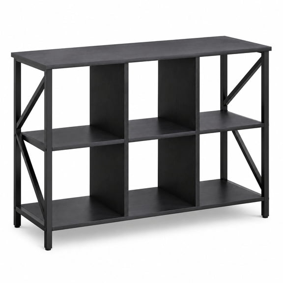 Industrial Style 6-Cube Storage Unit with Charging Station, Black - 2 AC Outlets & 2 USB Ports, 1.5m Cord, Wood & Metal Frame, Open Cubby Shelf for Living Room, Office
