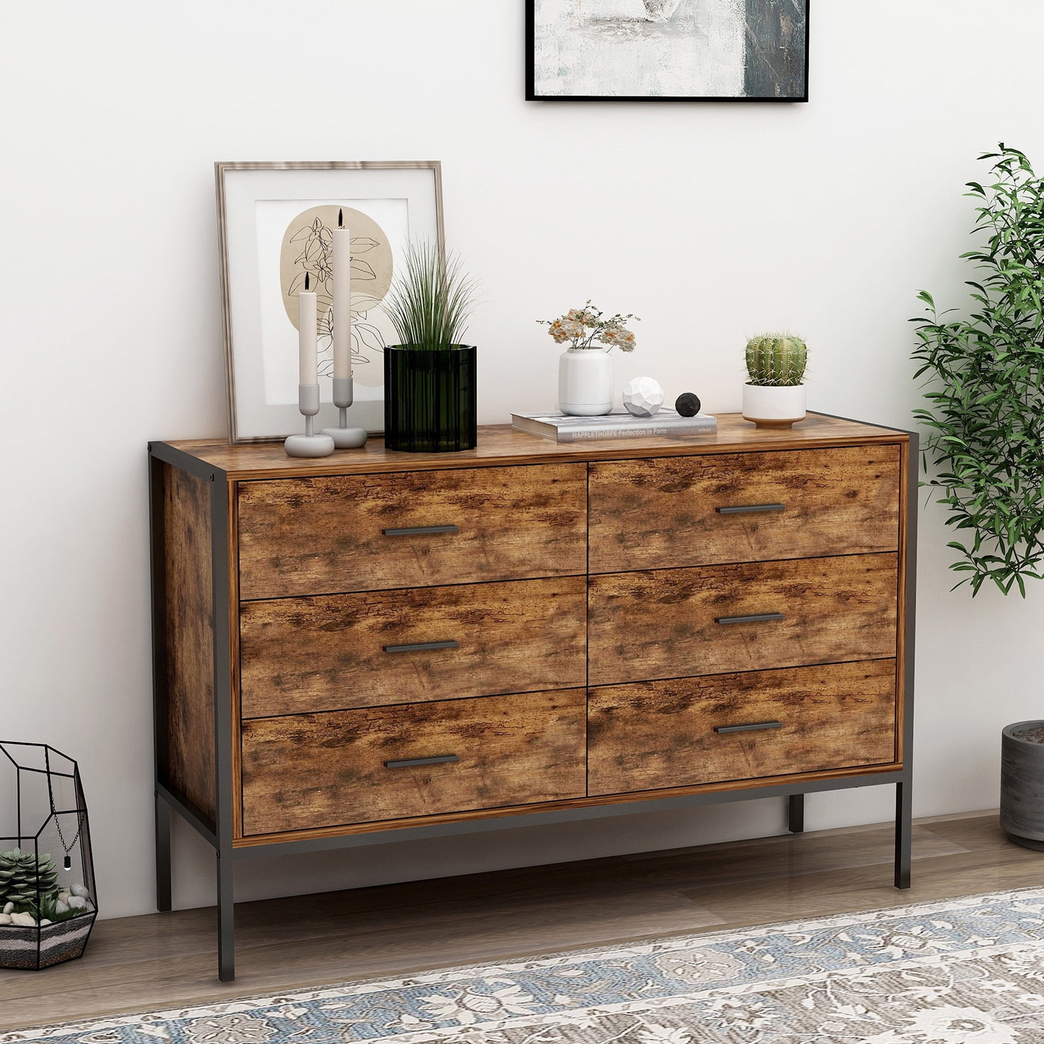 Industrial Style 6 Drawer Double Dresser,Rustic Brown Wood Storage Dresser Clothes Organizer with Sturdy Steel Frame, Chest with 6 Drawer, Storage ... Industrial Style 6 Drawer Double Dresser,Rustic Brown Wood Storage Dresser Clothes Organizer with Sturdy Steel Frame, Chest with 6 Drawer, Storage ...