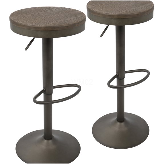 Industrial Style Adjustable Height Swivel Bar Stools, Set of 2, Brown Distressed Wood Seat and Metal Base