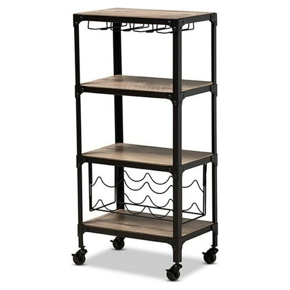 Industrial Style Antique Black Textured Metal Distressed Wood Mobile Kitchen Bar Wine Cart