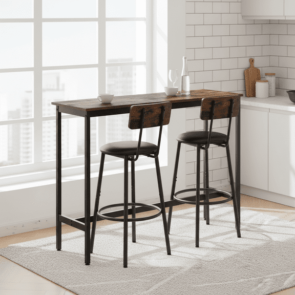 Industrial Style Bar Table Set with 2 PU Bar Stools, Rustic Brown Counter-Height Table & Chairs with Backrest, Footrest, Space-Saving Design
