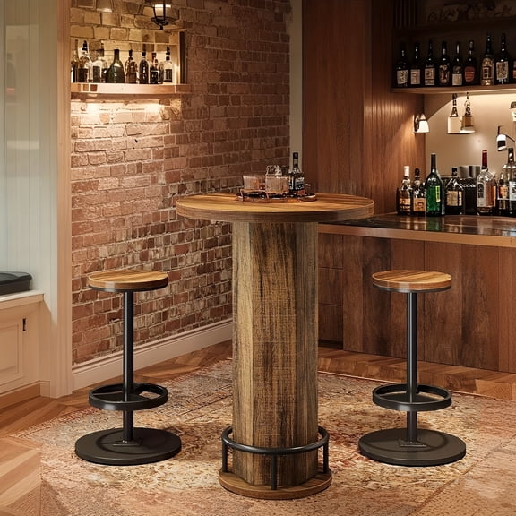 Industrial Style Bistro Table Set with Two Stools and Footrest, Compact Breakfast Nook Table for Small Spaces, Easy Assembly