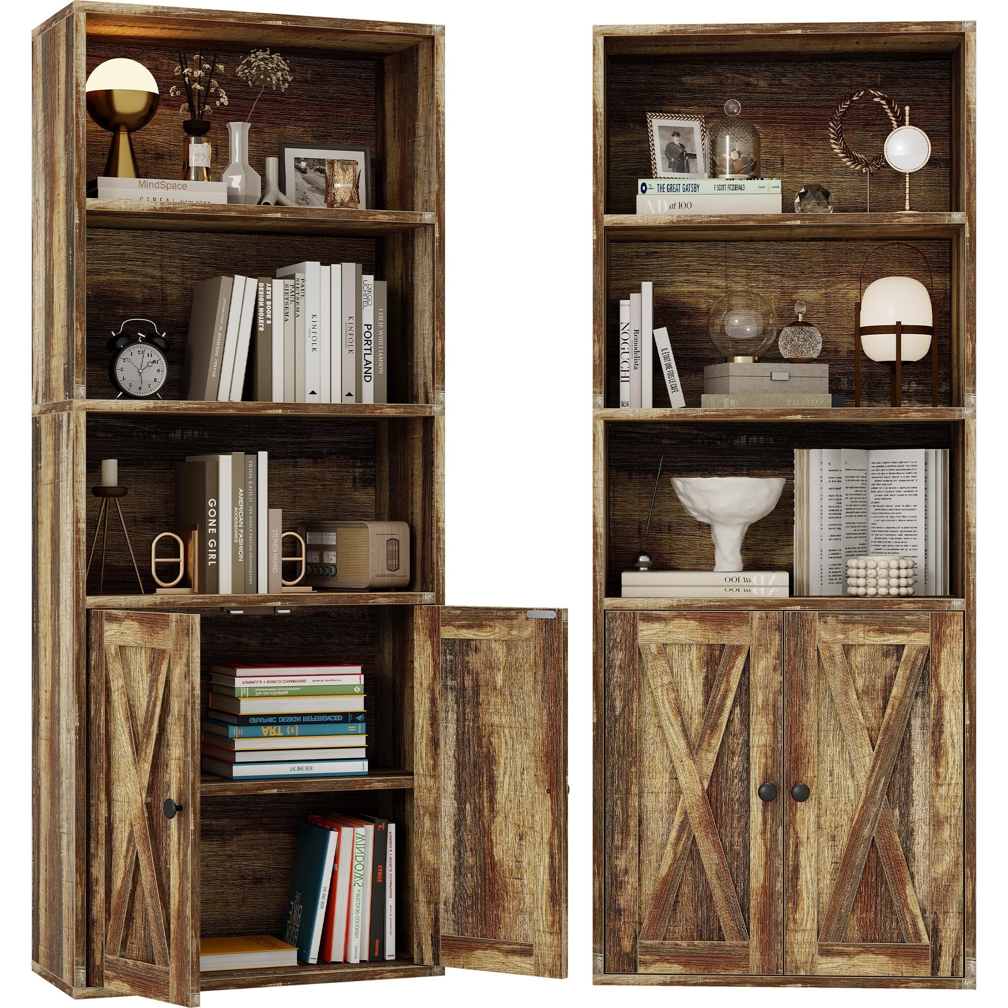 Industrial Style Bookcases with Doors, 5 Tier Storage Shelves Set of 2 ...