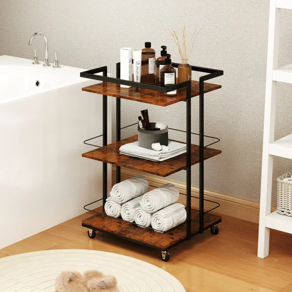 Industrial Style Cart with 4 Lockable Wheels, Bar or Serving Cart, Mobile Storage Organizer for for Beauty Spa, Massage, Manicure, Tattoo, Rustic Brown