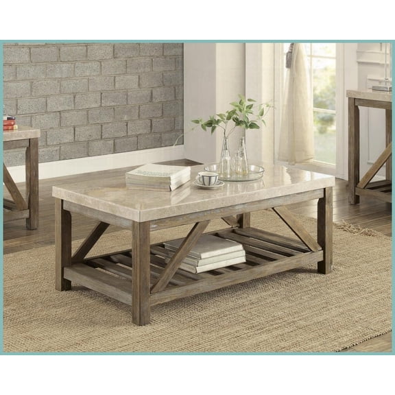 Industrial Style Coffee Table with Marble Top & Wood Base for Living Room, Space-Saving Lower Shelf