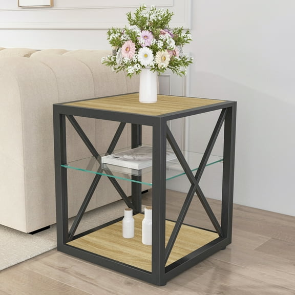 Industrial Style Compact End Table Nightstand with Tempered Glass Top and Natural Wood MDF for Bedroom Living Room Corner Space Saving Storage