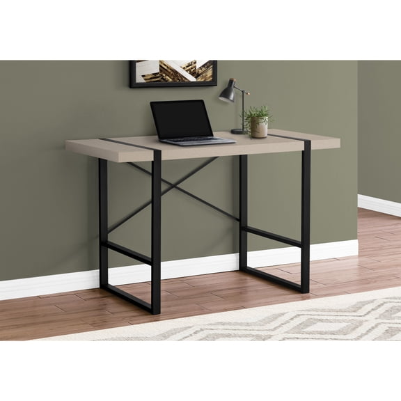Industrial Style Computer Desk, Beige Laminate Thick Desktop, Black X Shape Metal Frame, Home Office Work Table