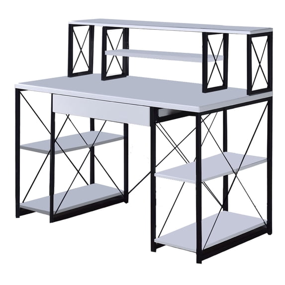 Benjara Industrial Style Desk with 4 Open Selves and Bookcase Hutch, White-Color:White