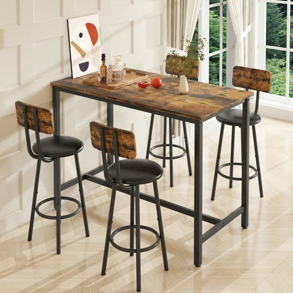 Industrial Style Dining Table Set, Counter Height Pub Table and Chairs Set for 4, Rectangular Bar Table with 4 PU Upholstered Stools for Dining Room Breakfast Nook Pub - Space Saving, K2093
