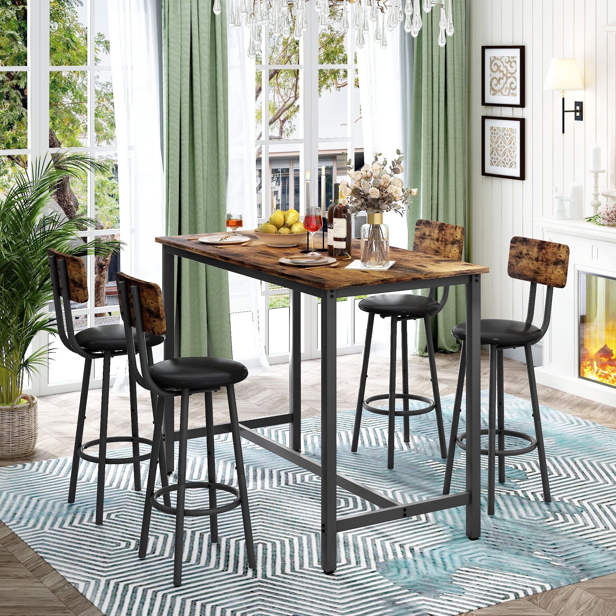 Segmart Industrial Dining Set for 4, Counter Height Table & 4 PU Stools ...