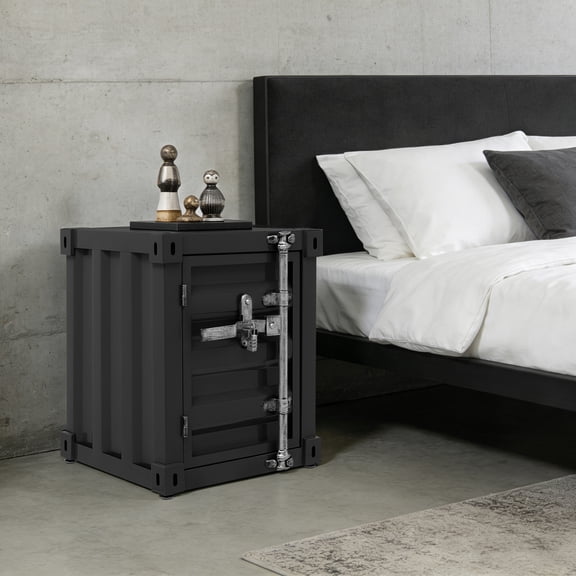 Industrial Style End Table, Iron Bilayer End Tables Shipping Container Style Metal End Table with Metal Combination Lock for Living Room, Bedroom & Office (Black)