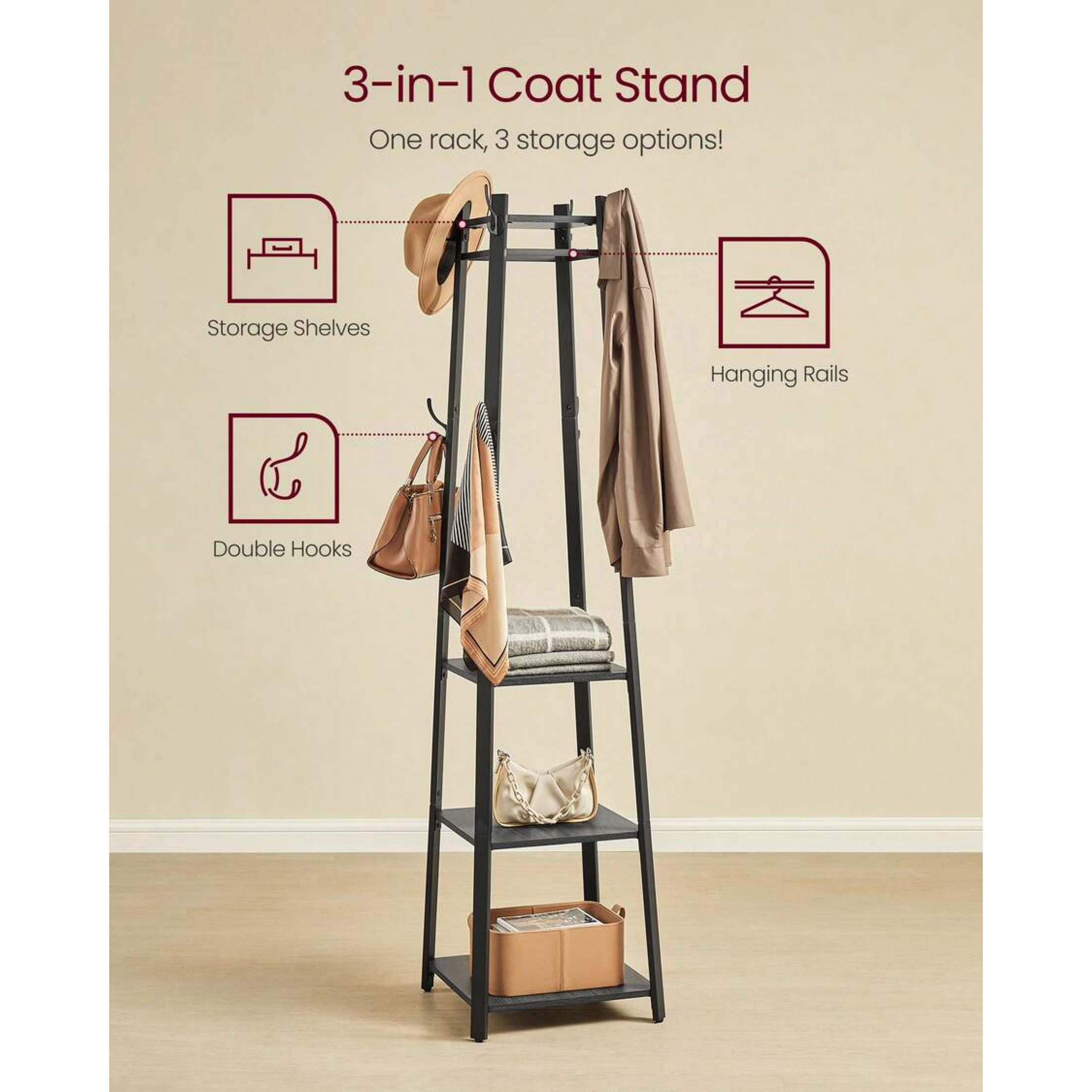 Statement Coat Rack Industrial Style Free Standing Coat Rack with 3-Tier Shelves & Hooks ...