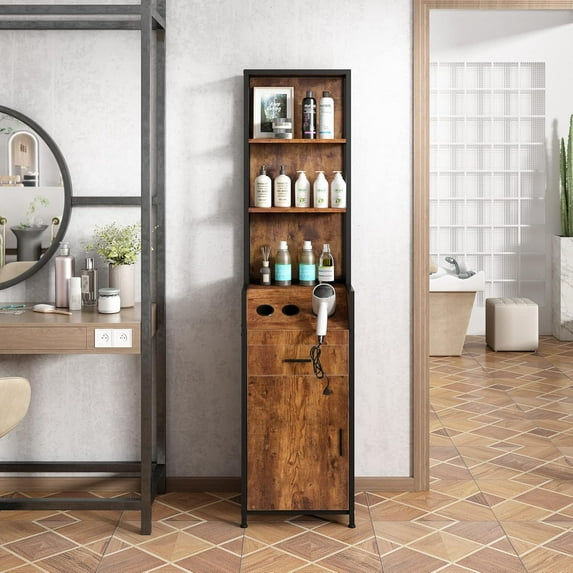 Industrial Style Hair Salon Station, Beauty Equipment Station for Hair Stylists, Spas & Barbers, Storage Cabinet with 3 Hair Dryer Holes and Lockable Drawers, Rustic Brown