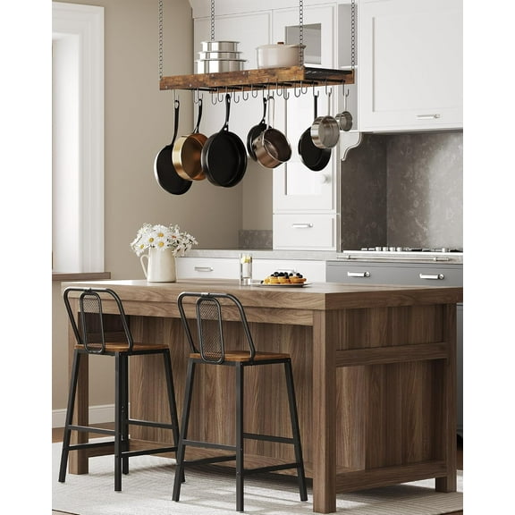 Industrial Style Hanging Pot Rack with 18 Hooks, Kitchen Cookware Organizer, Rustic Brown and Black