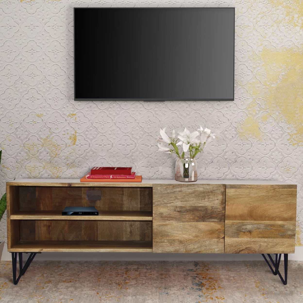Sleek 55" Industrial Black Iron & Mango Wood TV Cabinet