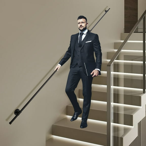 Industrial Style Matte Black Handrail Kit, 13ft Cast Iron & Galvanized Steel Stair Safety Rail, Rust-Resistant, Easy Install for Home & Commercial Use