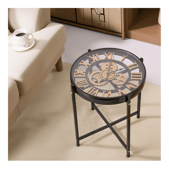 Industrial Style Mechanical Clock Coffee Table, Side Table, Glass Metal End table for living room, bedroom, Office