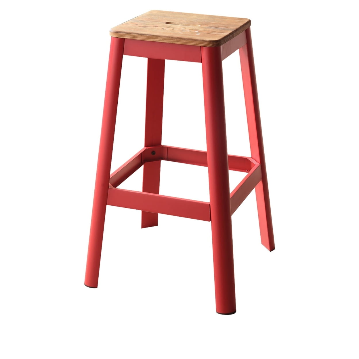 Red and Natural Pine Wood Backless Bar Stool with Metal Frame