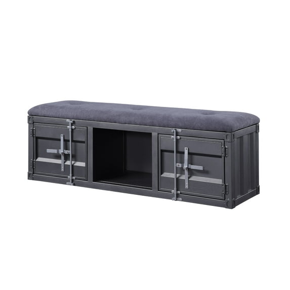 Benjara Industrial Style Metal and Fabric Bench with Open Storage, Gray