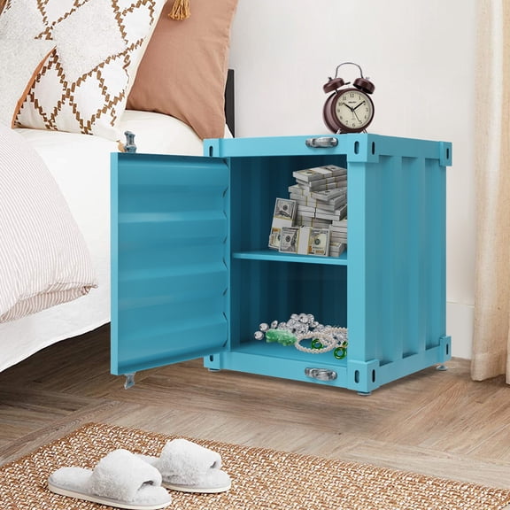 Industrial Style Rectangle End Table, Creative Vintage Container Design Cabinet with Combination Lock, Iron Bedside Table for Bar, Home (Blue)