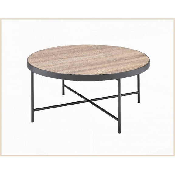 Industrial Style Round Coffee Table with Weathered Gray Top & Dark Metal Base – Ideal for Living Room, Easy Assembly