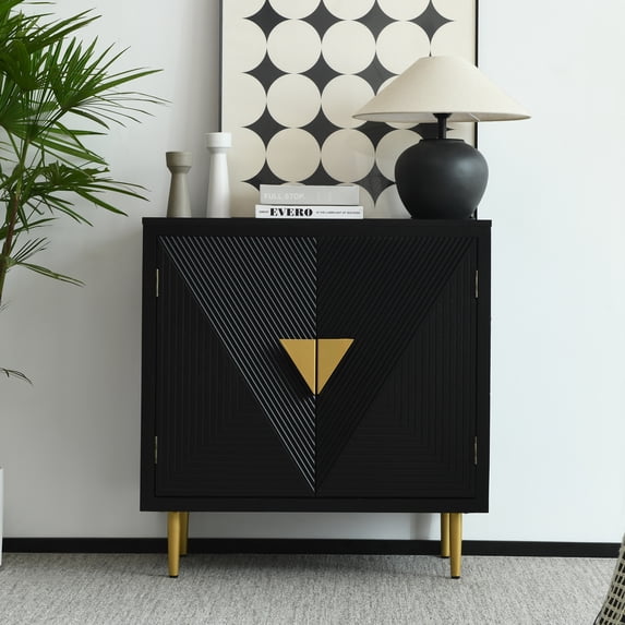 Industrial Style Self-Service Storage Cabinet, Console Table with Black V-Shaped Decorative Elements and 2 Doors, Suitable for Living Room, Dining Room, Hallway, Bedroom, Black