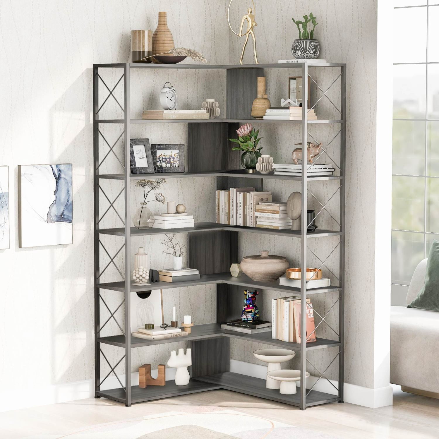Industrial Style Silver Grey L-Shaped Corner Bookcase with Metal Frame ...
