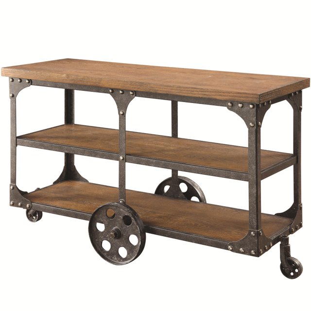 Industrial Style Solid Wooden Sofa Table With Metal Accents & Wheels
