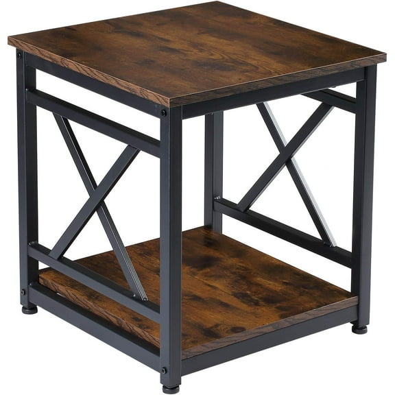 Industrial-Style Square 2-Tier Side Table with X-Frame Metal Base and Rustic Brown Finish, 18"