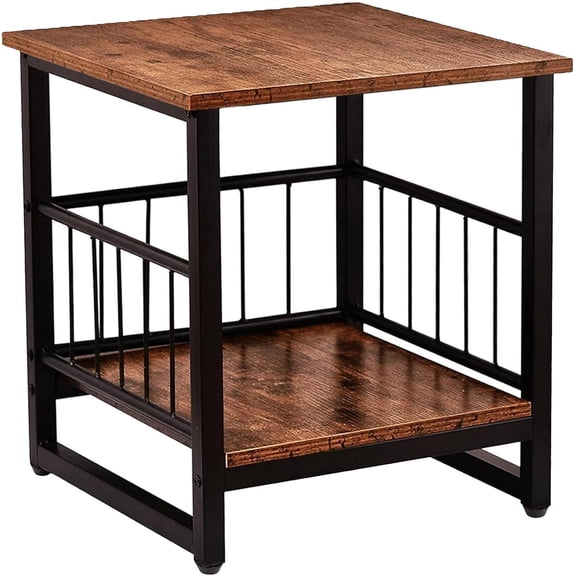 Industrial-Style Square Side Table with 2-Tier Storage Shelf, Adjustable Feet, Rustic Brown Wood Finish, 18" x 18" x 20"
