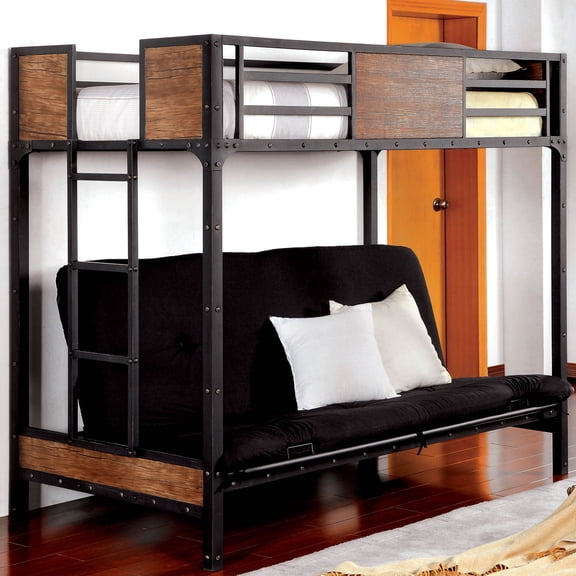 Industrial Style Unique Bunk Bed Twin Over Futon Metal Structure Attached Ladder With Wood Panels Nailhead Trim Black Finish Mattress-Not Included