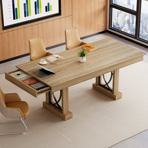 Industrial Style Wood Dining Table, Sturdy Metal Frame Double Pedestal Design with Dual Drawers for Large Family Dining Room