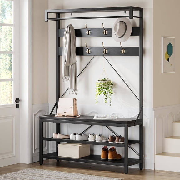 Industrial-Style Wood and Metal Hall Tree with Shoe Bench, Coat Rack, and Hanging Bar for Entryway