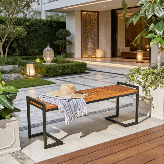 Industrial Style Wooden and Metal Outdoor Bench Suitable for Garden, Living Room, Bedroom, Mudroom in Country Cottage Style Entryway