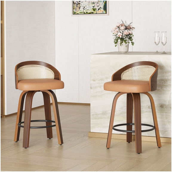 Industrial Swivel Bar Stools Set 2, Yellow Upholstered Stool with Wood Frame and Rattan
