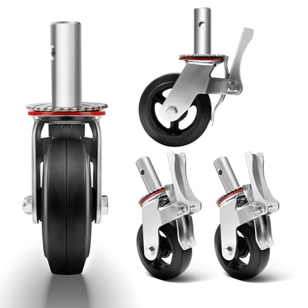 Industrial Swivel Caster Wheels, 6in Rubber Scaffolding Casters 4 Pack Dual Lock Rotation Lock Thick Steel Plate 1100lbs Per Wheel Replacement Casters for Movable Construction Scaffold Platforms