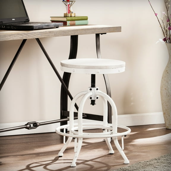 Industrial Swivel Stool In White, Merge, Rustic Plank Seat For Multiple Uses Whitewashed Stool, Adjustable Feature, Design Entertainment Area