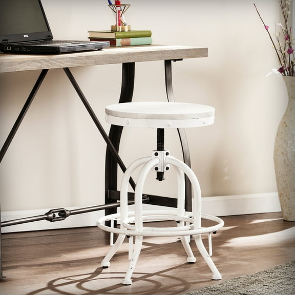 Industrial Swivel Stool In White, Merge, Rustic Plank Seat For Outdoor Spaces Adjustable Height White Stool, Merging And Industrial, Whitewashed Seat, Ideal Multiple