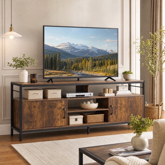 Industrial TV Stand for 55"/60"/65" Inch TVs with Adjustable Shelf, Entertainment Centre with 2 Door & Open Shelf, Rustic Brown