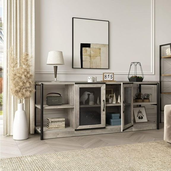 Industrial TV Stand for 65+ Inch TV, Farmhouse Media Console Cabinet with Storage and Mesh Door, Rustic Grey