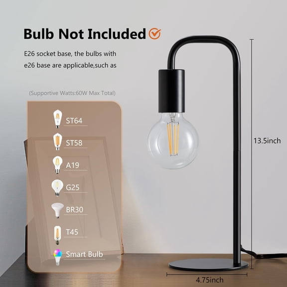 Industrial Table Lamp for Bedroom, Small Table Lamps for Bedside with Wire Switch, E26 Socket Base, Modern Nightstand Lamp for Living Room, Reading, Office, Bulb Not Included.