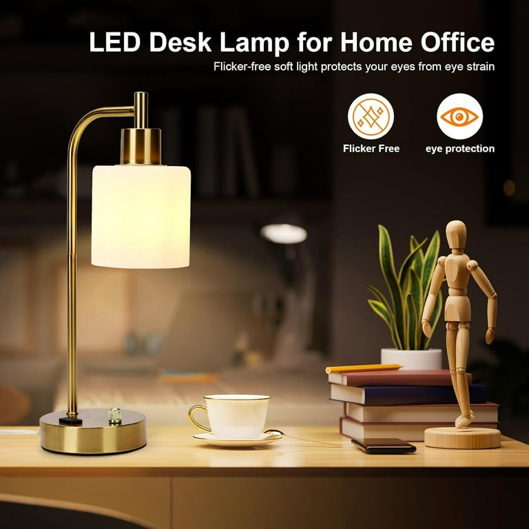 Industrial Table Lamp, Gold Desk Lamp with USB Ports and AC Outlet