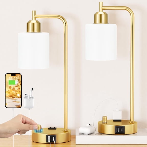 Industrial Table Lamps for Bedrooms Set of 2 - Fully Dimmable Bedside Lamps with USB A and C Ports and Outlet, Black Nightstand Lamps with Glass Shade for Living Room, Desk Lamps for Office Reading