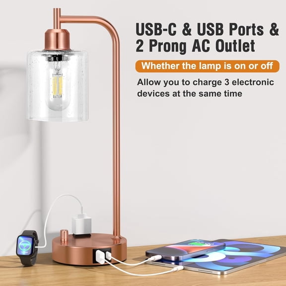 Industrial Table Lamps for Bedrooms Set of 2 - Fully Dimmable Bedside Lamps with USB A and C Ports and Outlet, Black Nightstand Lamps with Glass Shade for Living Room, Desk Lamps for Office Reading