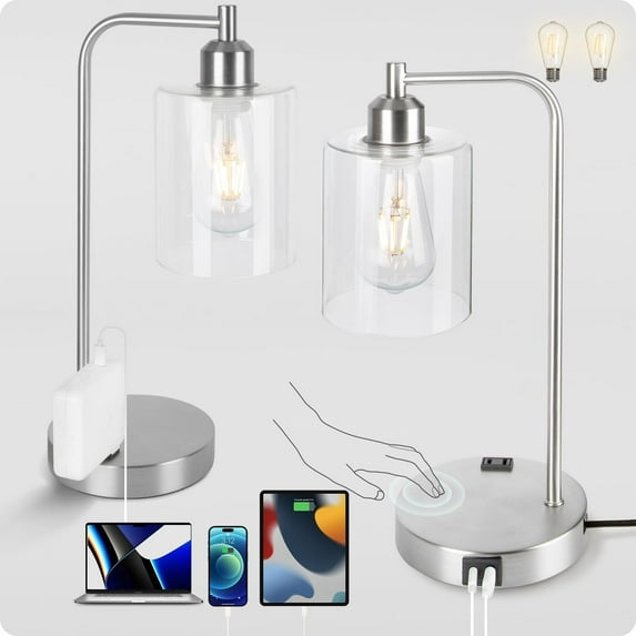 Industrial Table Lamps for Bedrooms Set of 2 - Fully Dimmable Bedside Lamps with USB A and C Ports and Outlet, Black Nightstand Lamps with Glass Shade for Living Room, Desk Lamps for Office Reading